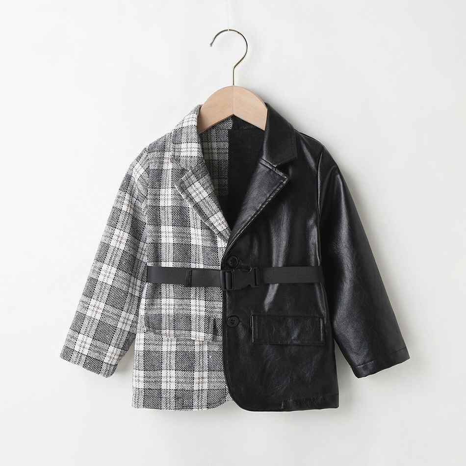 Plaid Print and Solid Leather Splice Lapel Collar Belt Decor Long-sleeve Black Toddler Coat Windbreaker Black