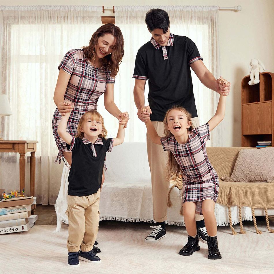 Family Matching Plaid Short-sleeve Ruched Mini Bodycon Dresses and Polo Shirts Sets Khaki big image 3