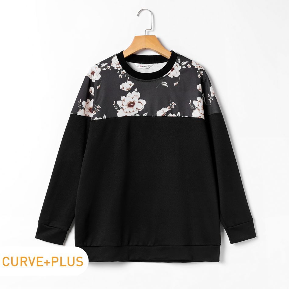 Women Plus Size Casual Floral Print Pullover Sweatshirt Black