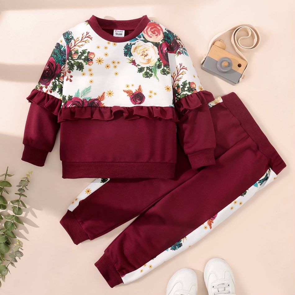 2-piece Toddler Girl Floral Print Ruffled Sweatshirt and Pants Casual Set Burgundy