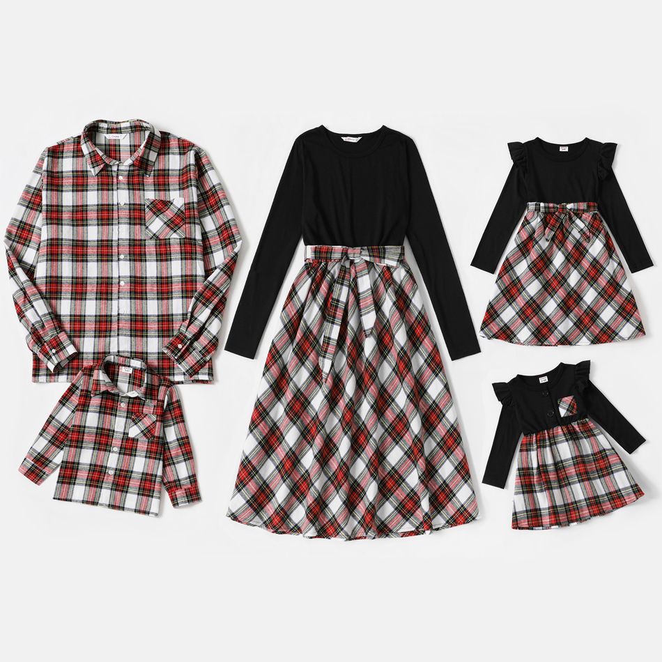 Family Matching Plaid Long-sleeve Splicing Belted Midi Dresses and Shirts Sets Light Red