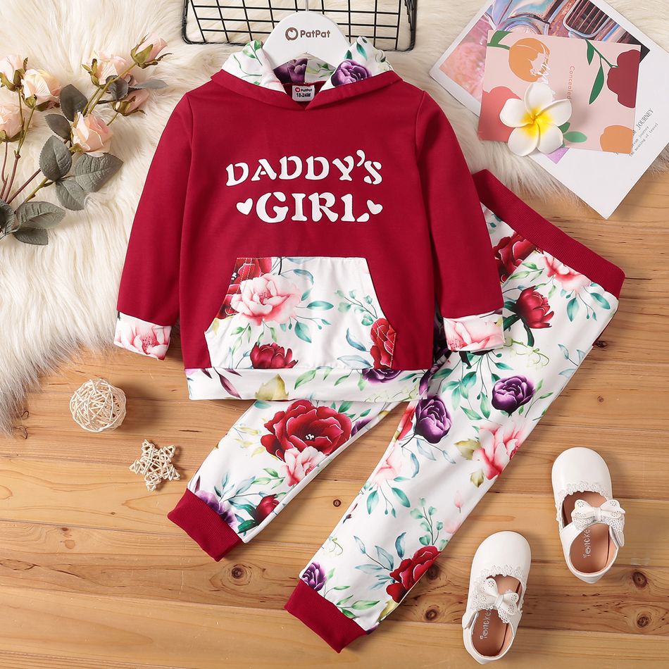 2-piece Toddler Girl Letter Floral Print Hoodie Sweatshirt and Pants Set MAROON