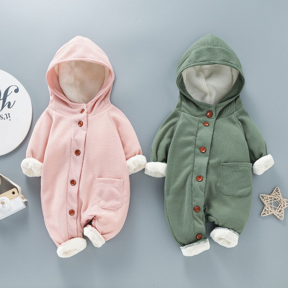 Baby 95% Cotton Long-sleeve Thickened Fleece Lined Hooded Waffle Jumpsuit Turquoise big image 7