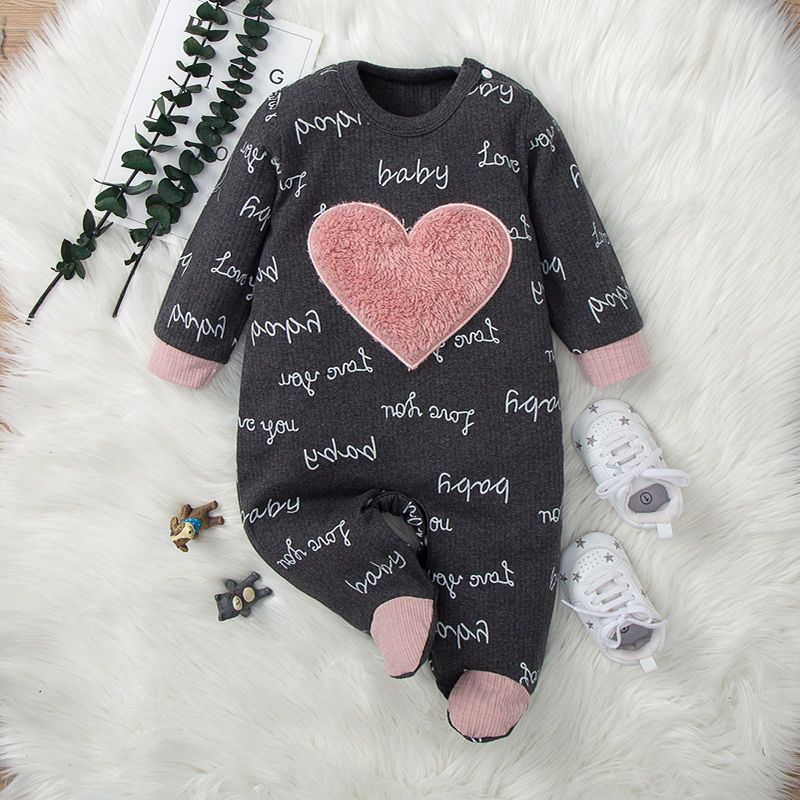Letter Allover Fluffy Heart Applique Footed/footie Long-sleeve Grey Baby Jumpsuit Dark Grey
