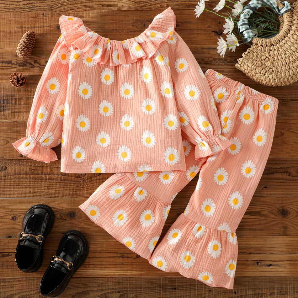 2-piece Toddler 100% Cotton Girl Floral Print Flounce Long-sleeve Top and Flared Pants Set Pink