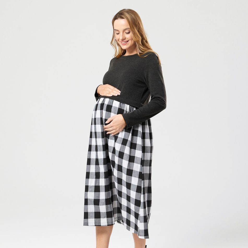Maternity Contrast Plaid Print Long-sleeve Dress Dark Grey