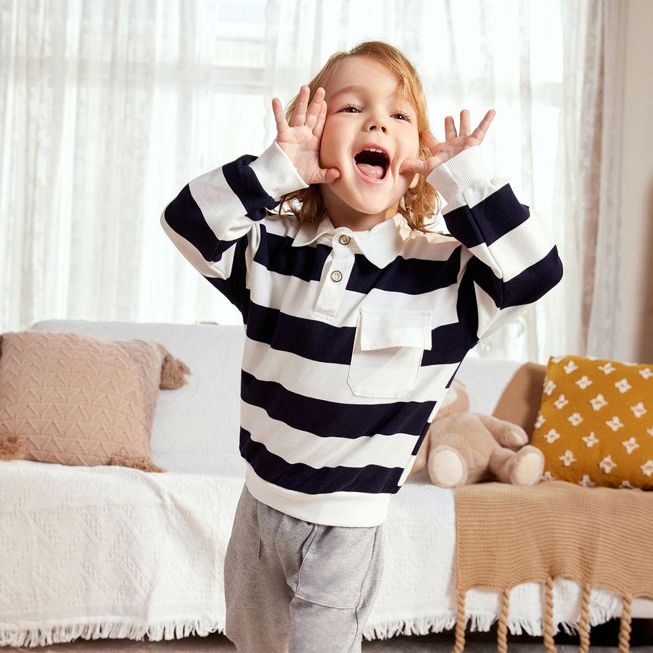 2-piece Toddler Boy Stripe Polo shirt and Grey Pants Set Dark Blue big image 9