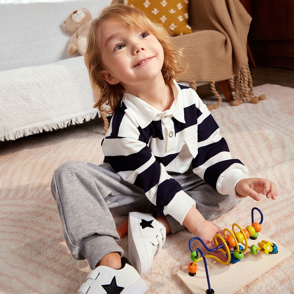 2-piece Toddler Boy Stripe Polo shirt and Grey Pants Set Dark Blue big image 10