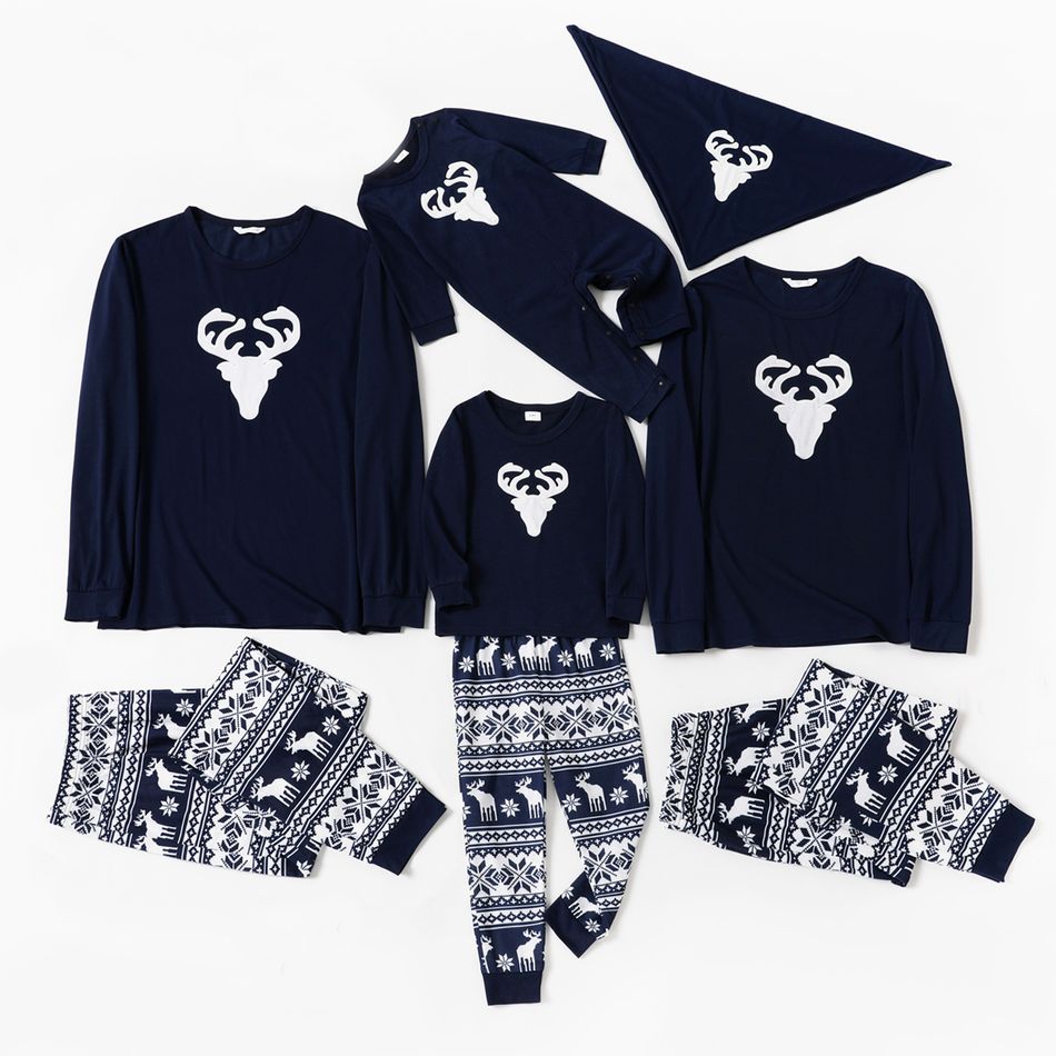 Christmas Antlers Family Matching Long-sleeve Pajamas Sets(Flame Resistant) Dark Blue/white