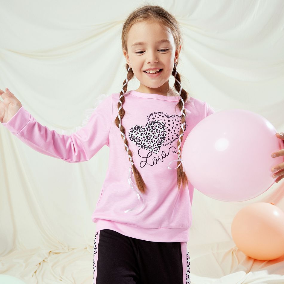 2-piece Kid Girl Heart Pattern Leopard Print Sweatshirt and Colorblock Pants Casual Set Light Pink