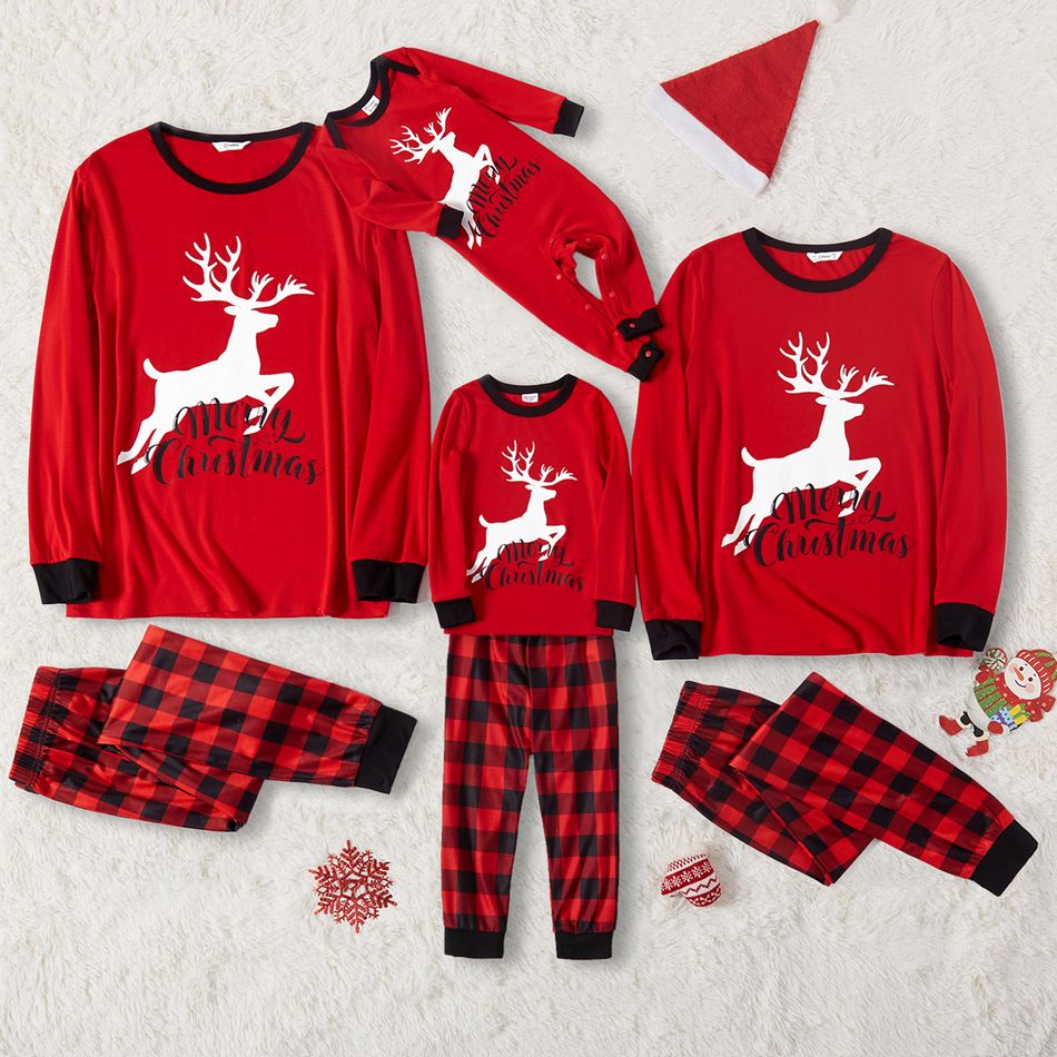 Christmas Reindeer and Letter Print Red Family Matching Long-sleeve Snug Fit Pajamas Sets Red