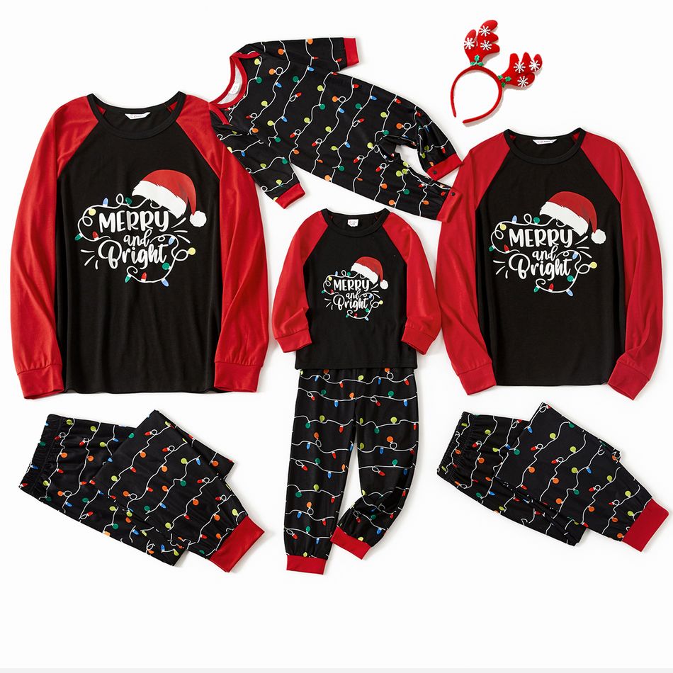 Family Matching Christmas Letters and Light Bulbs Print Raglan Long-sleeve Pajamas Sets (Flame Resistant) Black