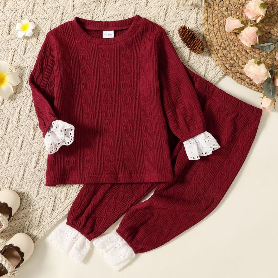 2-piece Toddler Girl Cable Knit Textured Schiffy Cuff Long-sleeve Top and Burgundy Elasticized Pants Set Burgundy