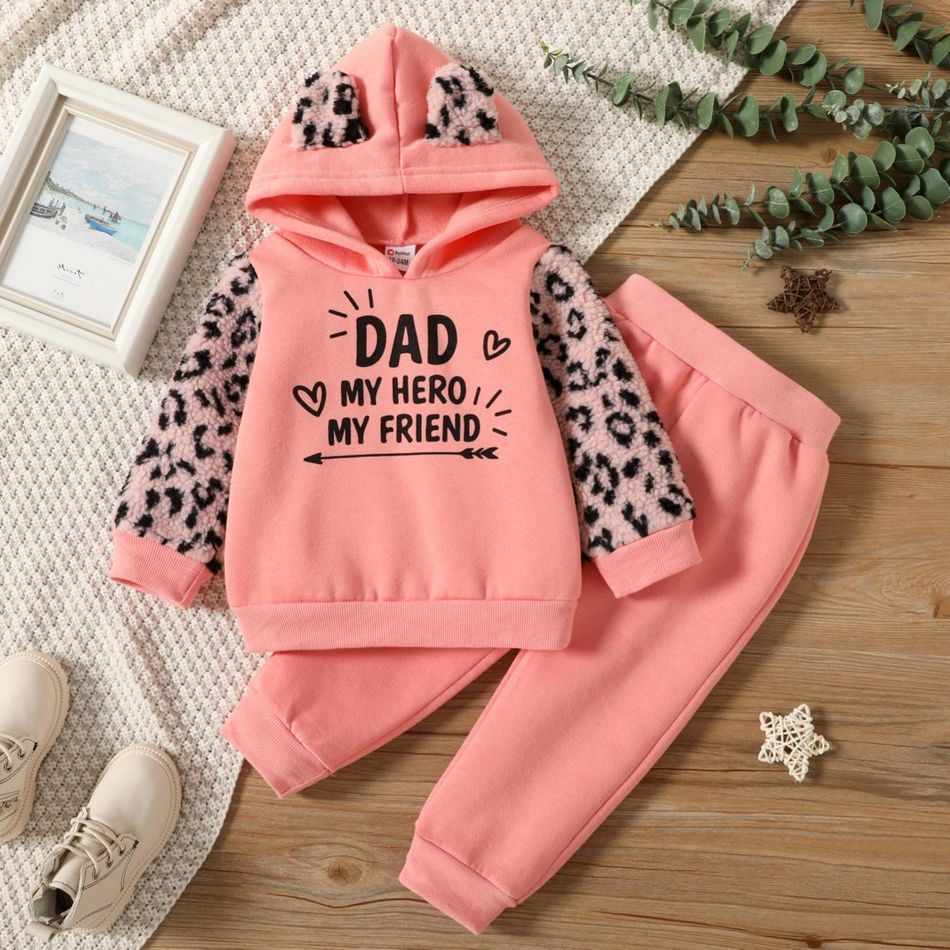 2-piece Toddler Girl Letter Leopard Print Fuzzy Ear Design Hoodie Sweatshirt and Pink Pants Set Pink