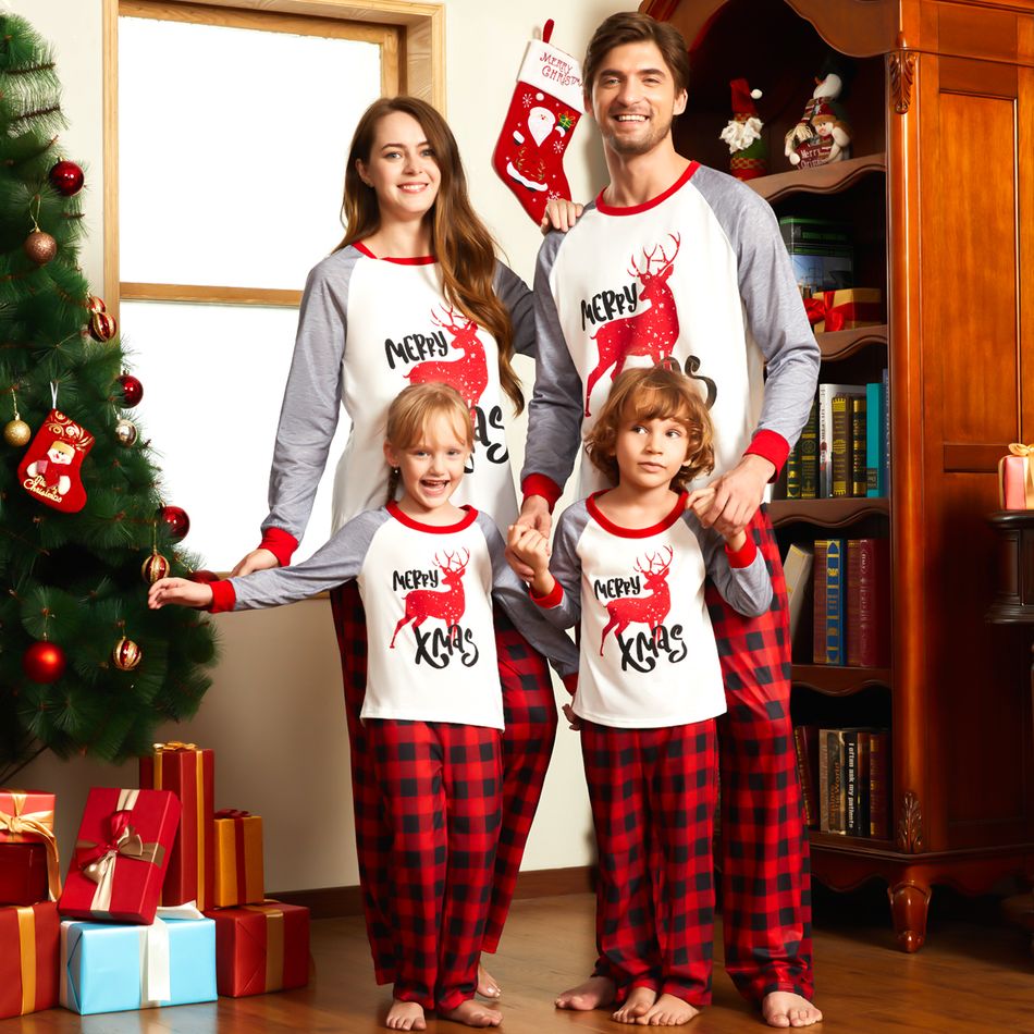Christmas Reindeer and Letter Print Family Matching Raglan Long-sleeve Red Plaid Pajamas Sets (Flame Resistant) Black/White/Red