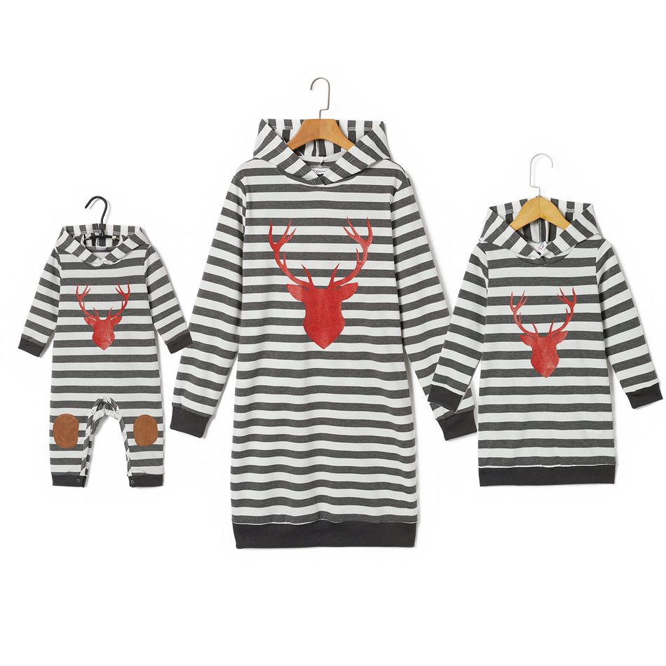 Christmas Reindeer Print Grey Striped Long-sleeve Hoodie Dress for Mom and Me Grey