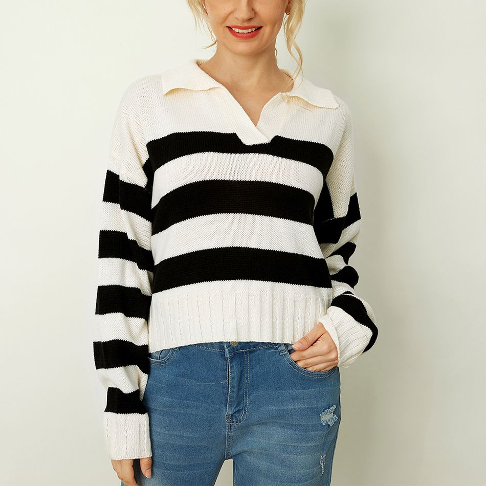 Suéter de malha de manga comprida com listras pretas e brancas com gola de lapela Preto/Branco