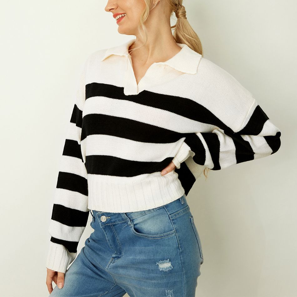 Suéter de malha de manga comprida com listras pretas e brancas com gola de lapela Preto/Branco big image 2