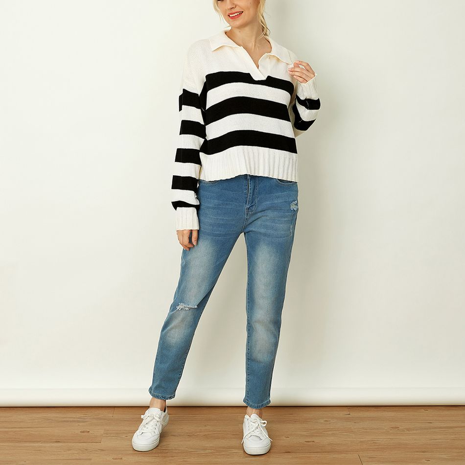 Black and White Stripes Lapel Neck Long-sleeve Knit Sweater Black/White big image 3