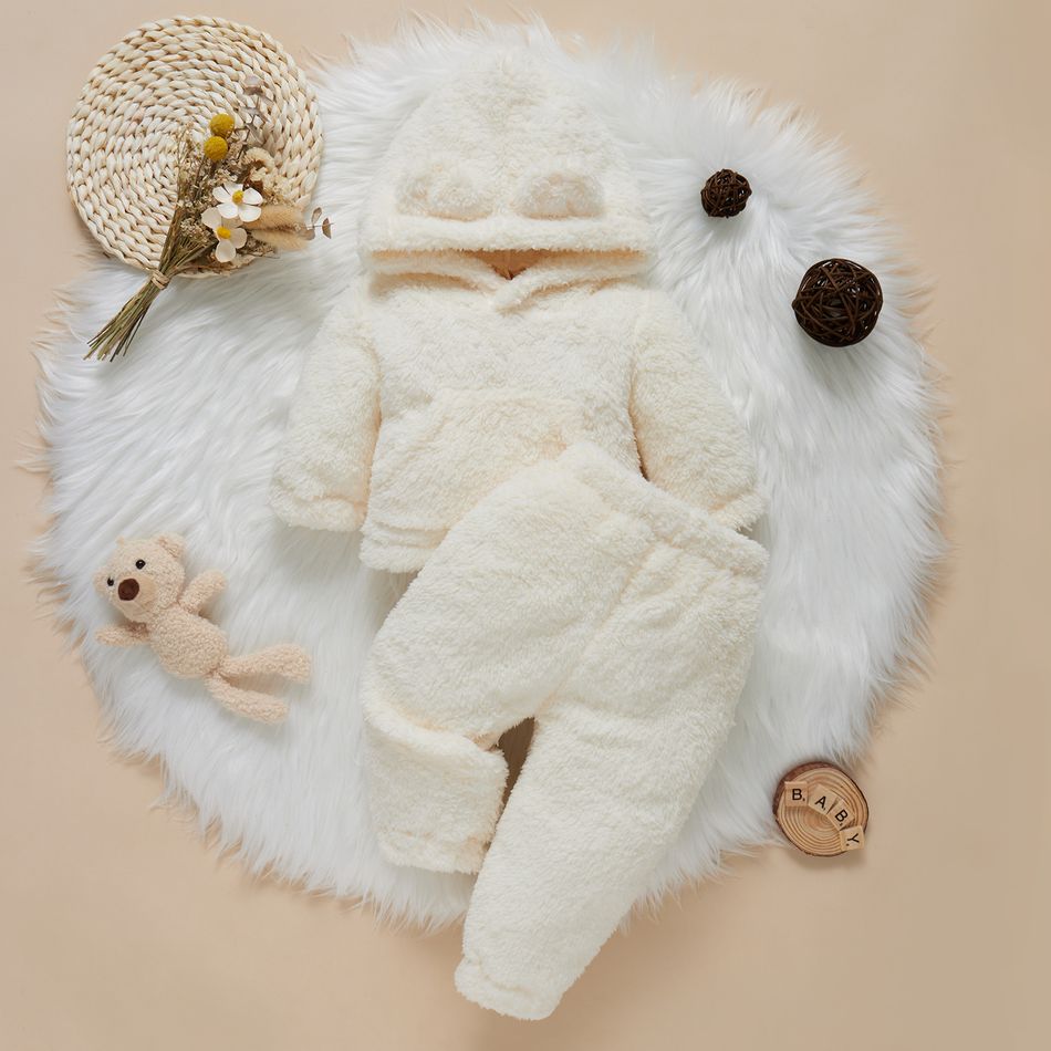 Solid Hooded 3D Ear Decor Long-sleeve Hoodie Top and Pants Fluffy Beige or Ginger Baby Set Beige