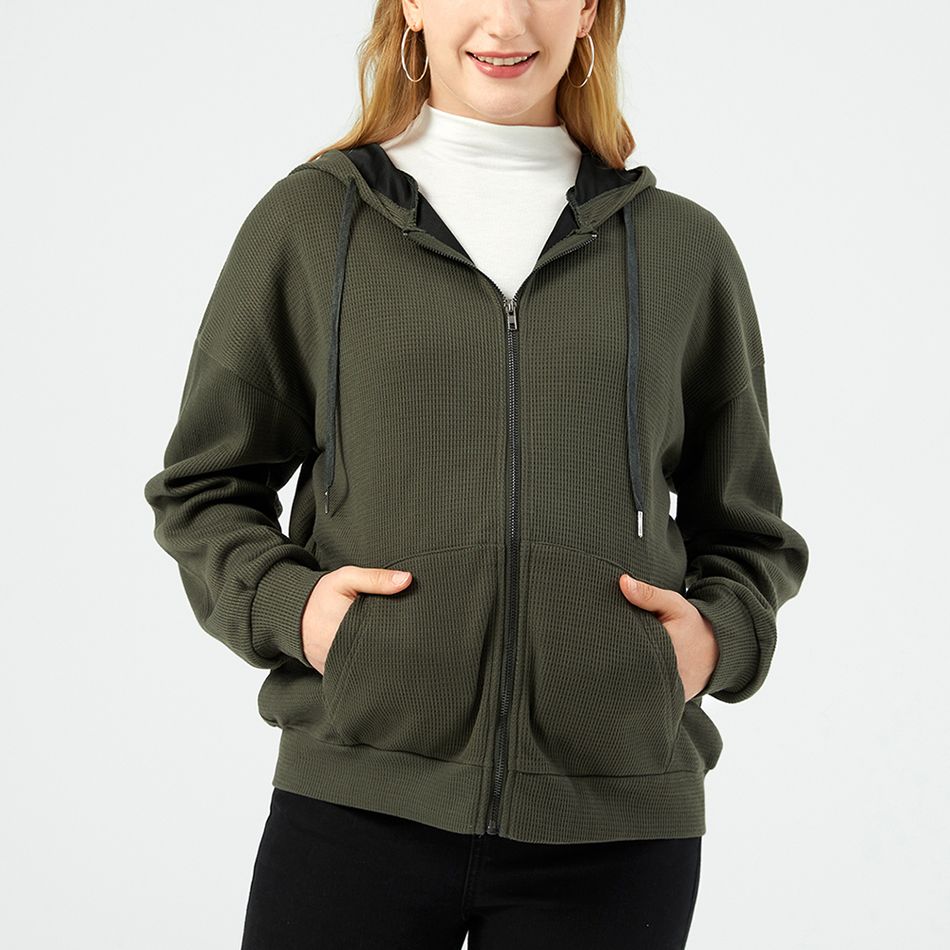 Maternity Drawstring Kangaroo Pocket Zip Up Ribbed Hoodie Army green