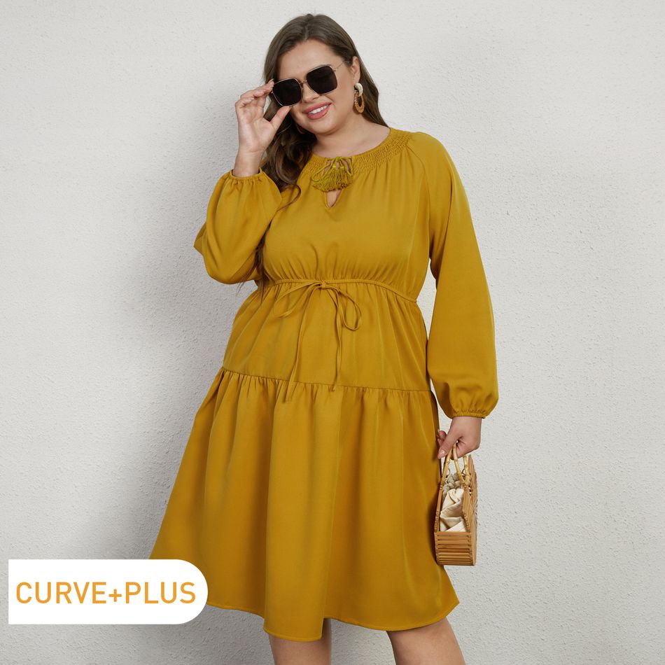 Women Plus Size Casual Tie Neck Long-sleeve Tiered Dress Ginger