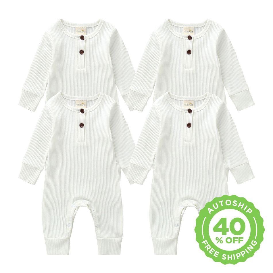 4pcs Baby Boy/Girl White Ribbed Long-sleeve Snug-fit Jumpsuit Set White
