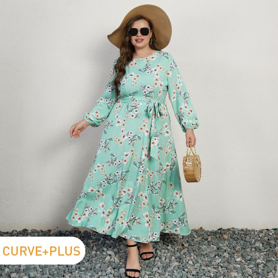 Women Plus Size Vacation Floral Print Round-collar Belted Long-sleeve Dress AquaGreen
