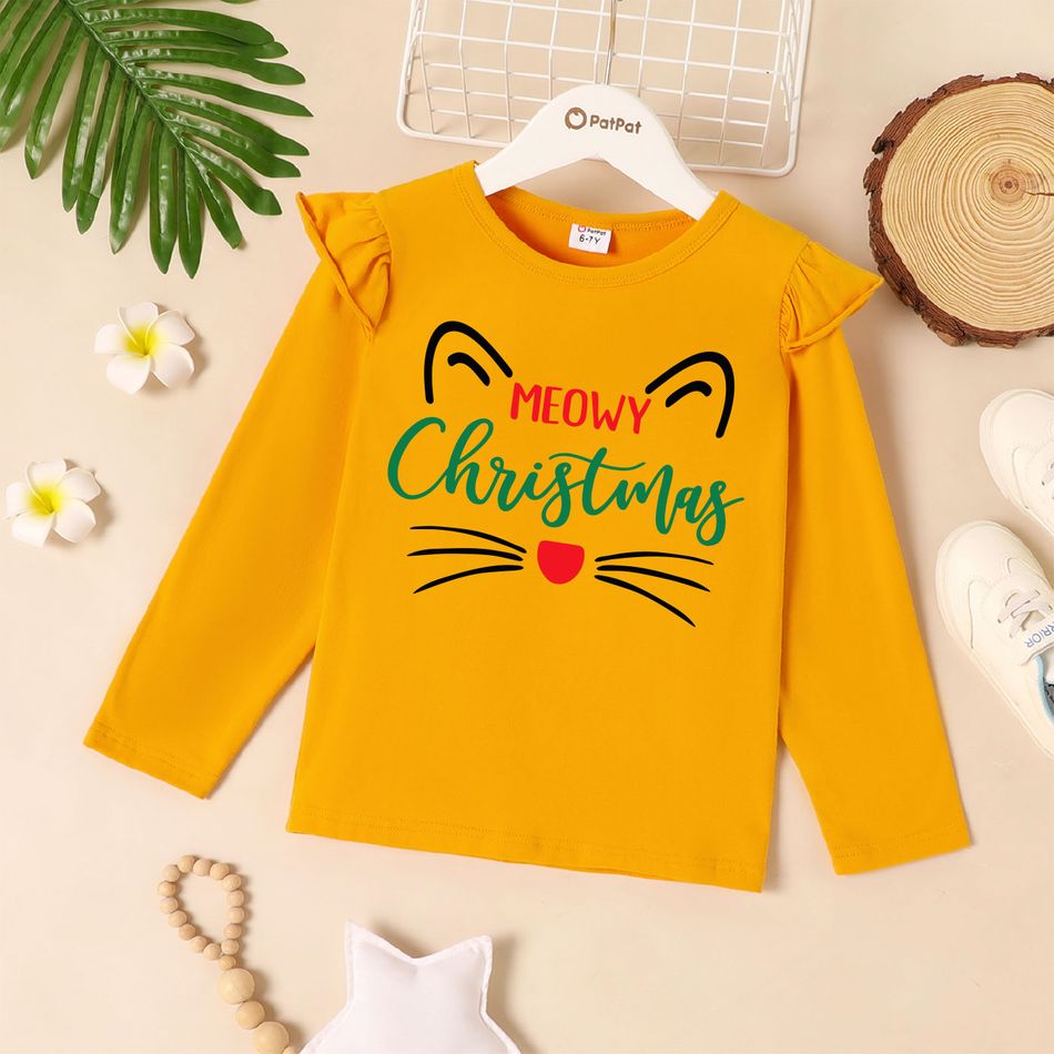Christmas Kids Girl Graphic Cat & Letter Print Long-sleeve Ruffled Tee Ginger