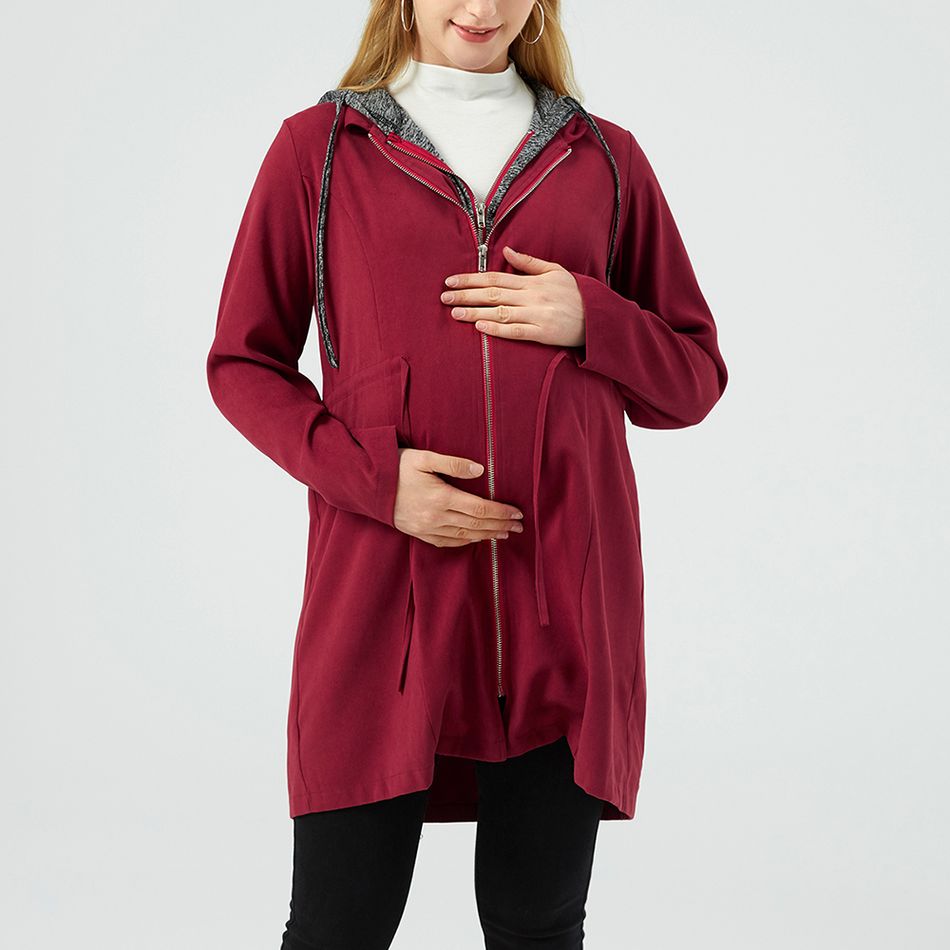 Maternity Drawstring Waist Long-sleeve Hooded Coat Red