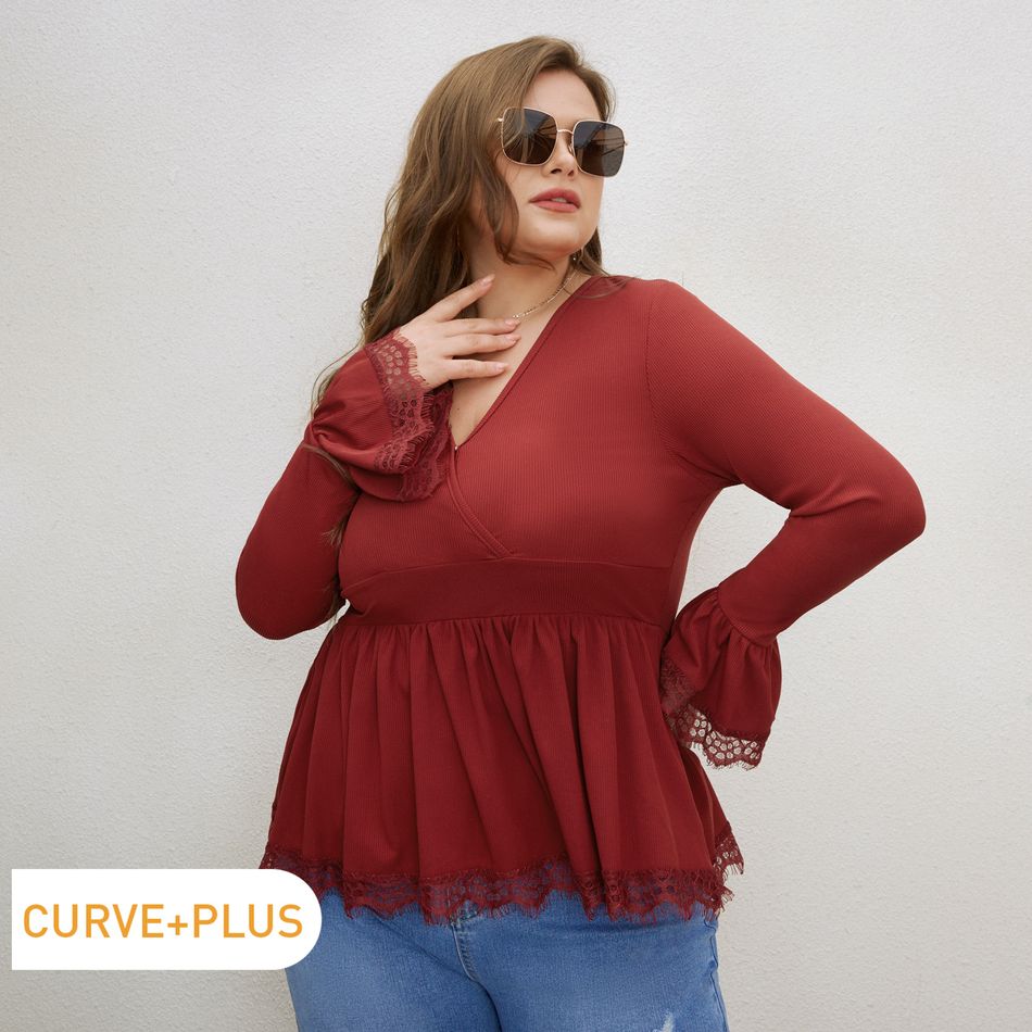 Women Plus Size Elegant V Neck Long Bell sleeves Lace Design Blouse Brick red