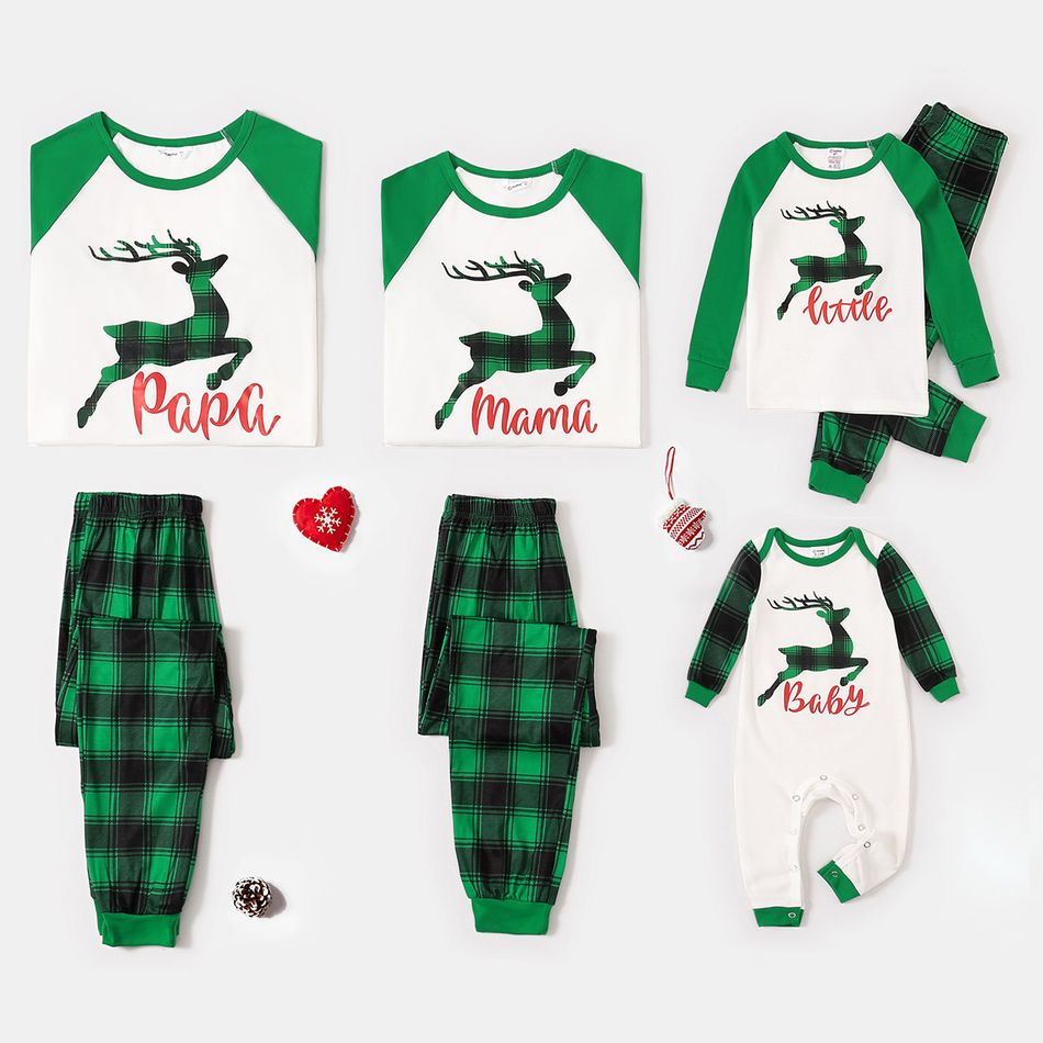 Christmas Green Plaid Reindeer and Letter Print Snug Fit Family Matching Raglan Long-sleeve Pajamas Sets Green/White