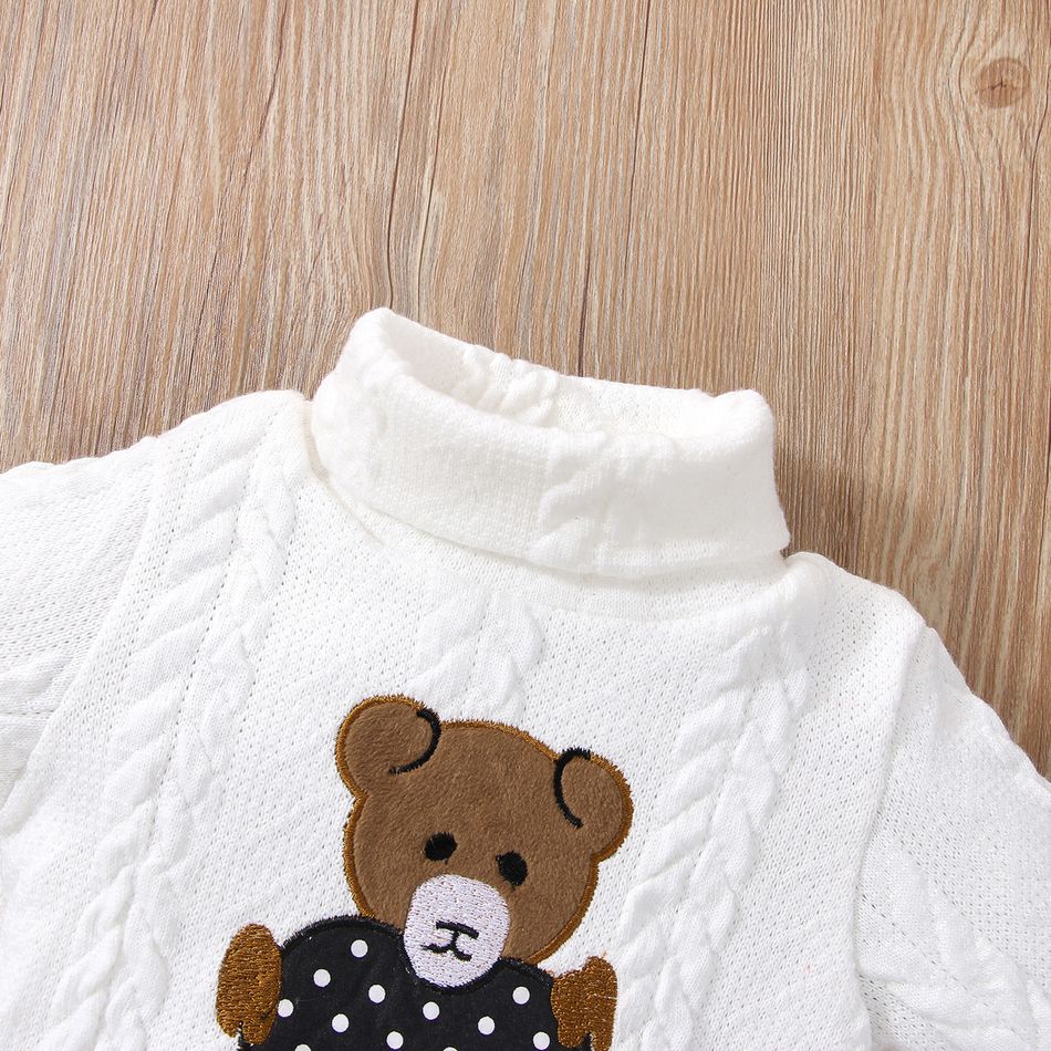 Baby Girl/Boy 95% Cotton Long-sleeve Bear Embroidered Turtleneck Cable Knit Sweater White big image 3