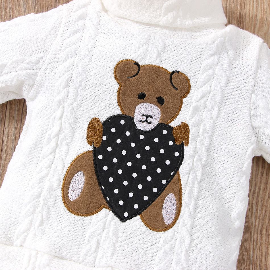 Baby Girl/Boy 95% Cotton Long-sleeve Bear Embroidered Turtleneck Cable Knit Sweater White big image 4