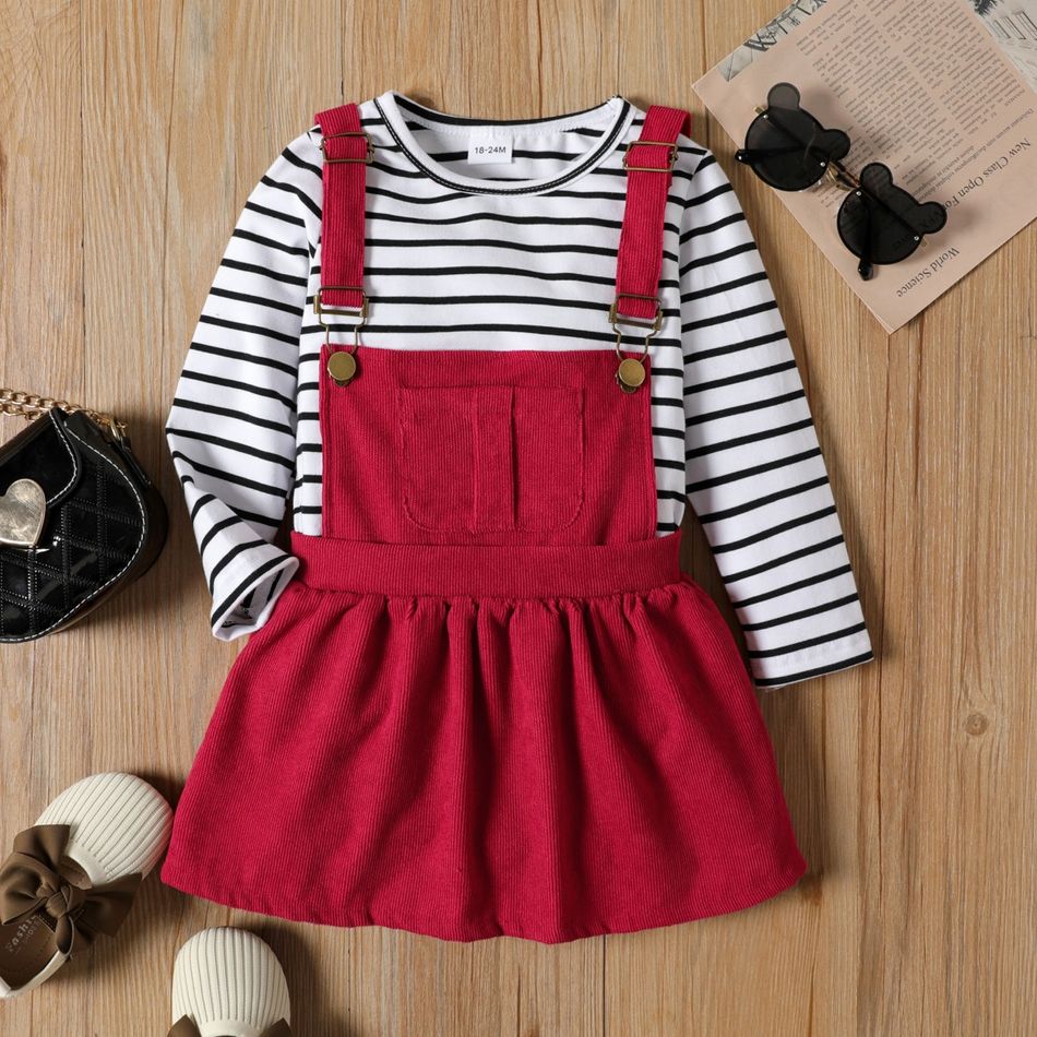 2-piece Toddler Girl Stripe Long-sleeve Tee and Adjustable Corduroy Overall Dress Set Burgundy