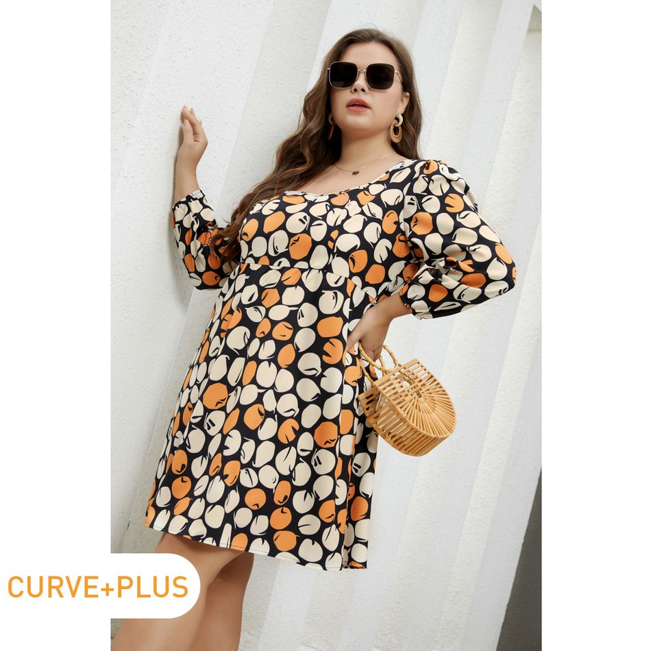 Women Plus Size Elegant Allover Print Square Neck Long-sleeve Dress Multi-color