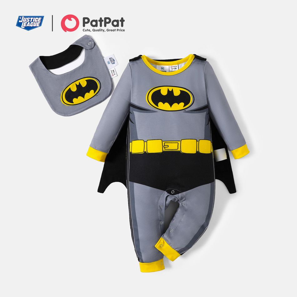 Justice League 2-piece Baby Boy Batman Jumpsuit with Cloak and Bib Set Grey
