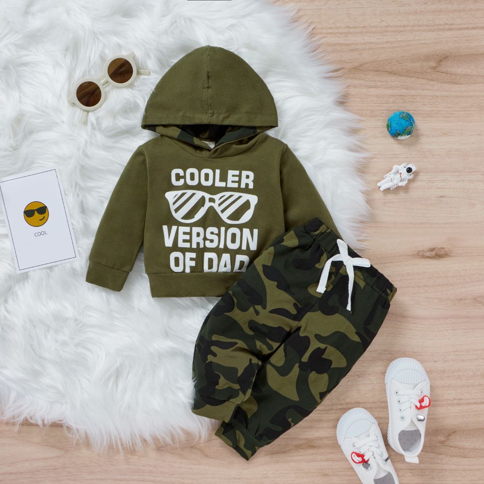 100% Cotton 2pcs Letter Print Hooded Long-sleeve Hoodie Top and Camouflage Print Pants Green Baby Set Green