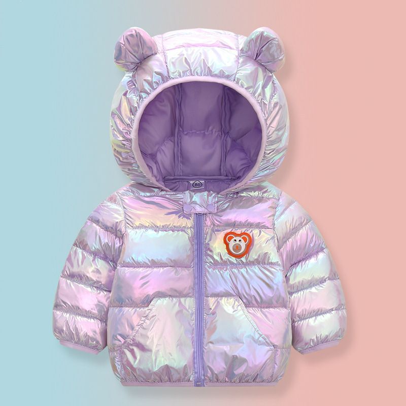 Shinny Bear Decor Hooded 3D Ear Padded Long-sleeve Blue or Pink or Silver Toddler Cotton Coat Down Jacket Purple