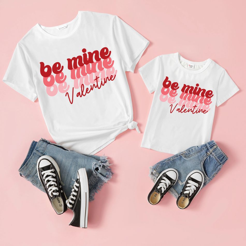 Valentine's Day Letter Print White 100% Cotton Short-sleeve T-shirts for Mom and Me White