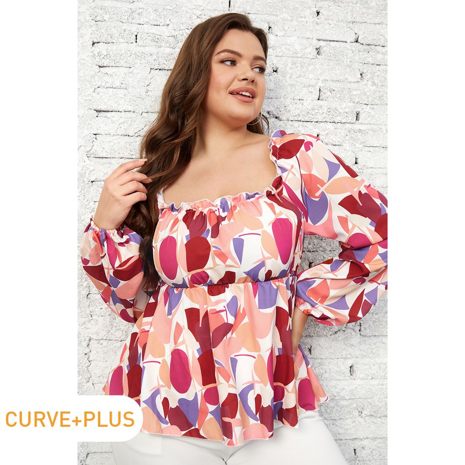 Women Plus Size Elegant Colorblock Ruffled Square Neck Long-sleeve Blouse Colorful