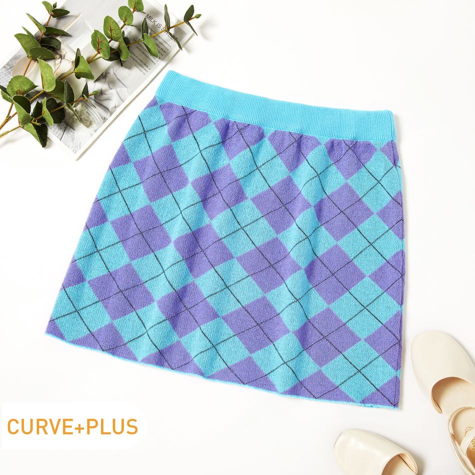 Women Plus Size Casual High Waist Colorblock Plaid Pencil Skirt Azure