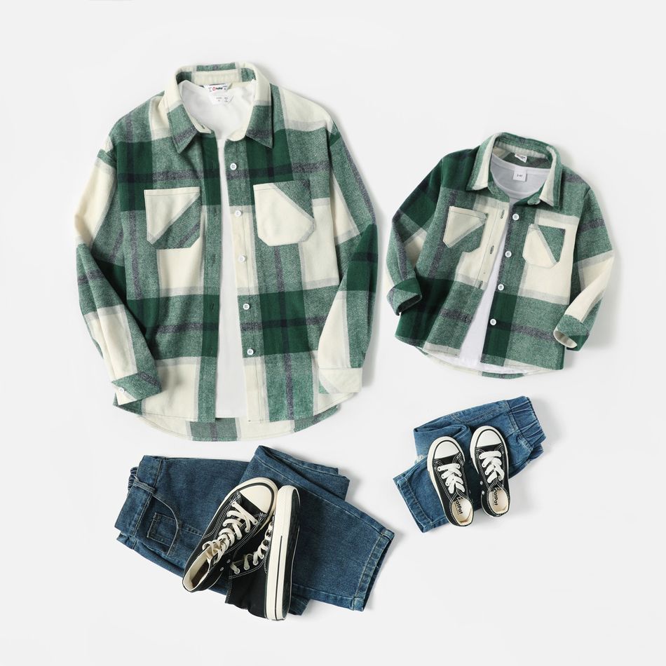 Green Plaid Lapel Long-sleeve Button Shirts for Mom and Me Green