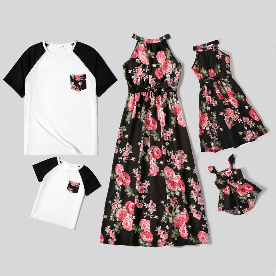Family Matching Floral Print Black Halter Neck Off Shoulder Sleeveless Dresses and Raglan-sleeve T-shirts Sets Black