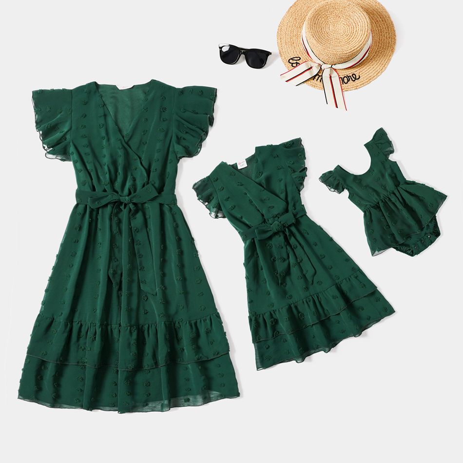 Dark Green Swiss Dot Cross Wrap V Neck Ruffle Sleeve Belted Chiffon Dress for Mom and Me Dark Green