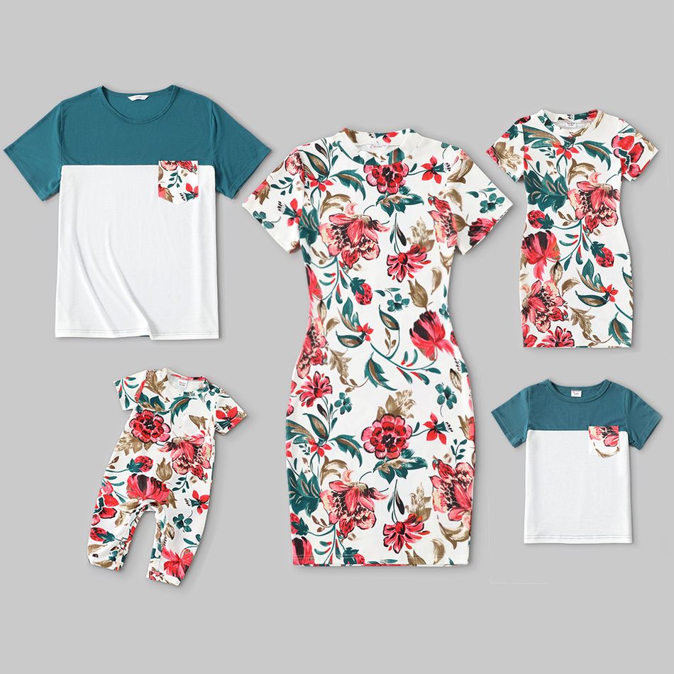 Family Matching All Over Floral Print Short-sleeve Bodycon Dresses and Colorblock T-shirts Sets HS