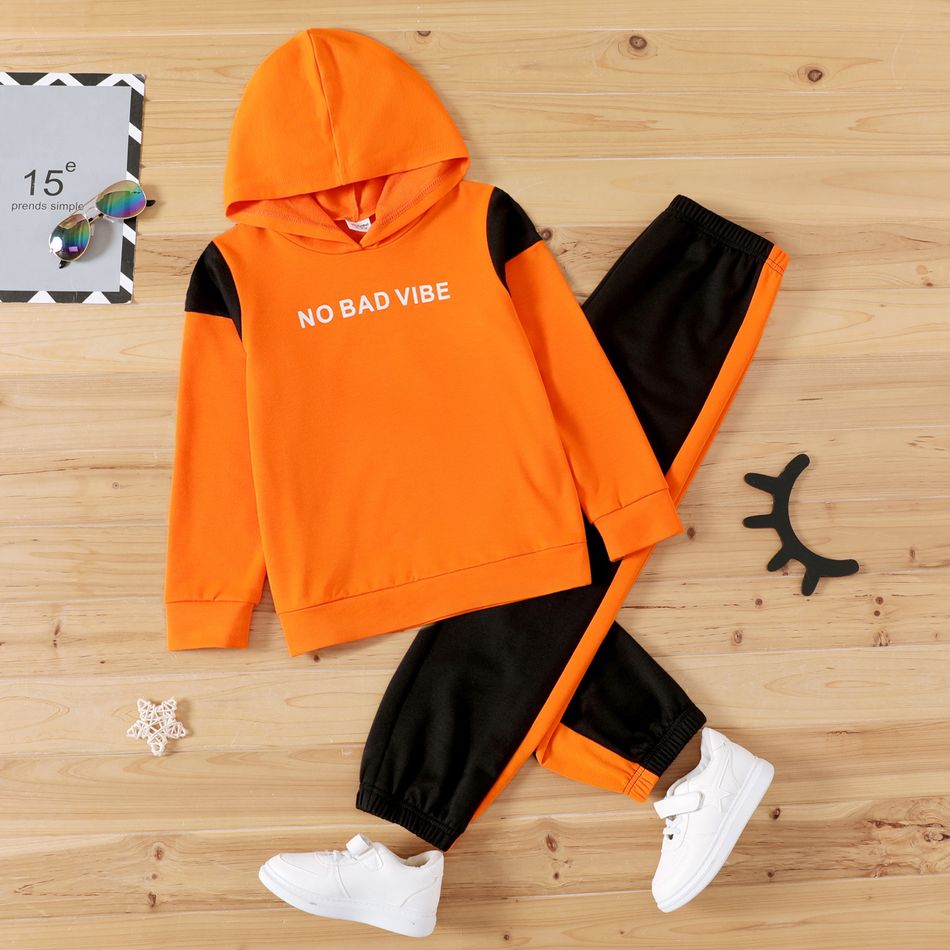 2-piece Kid Boy Letter Print Colorblock Hoodie Sweatshirt and Pants Set Orange