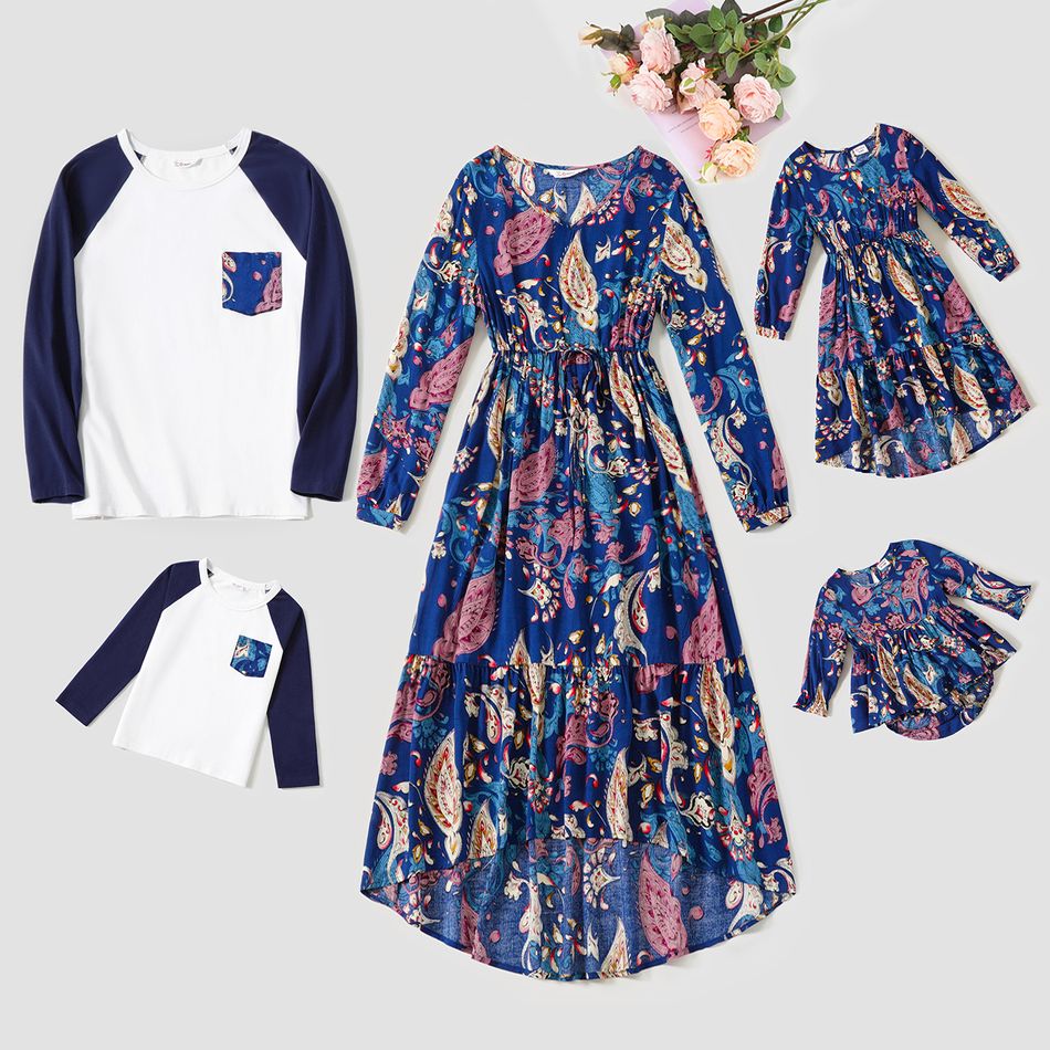 Family Matching All Over Floral Print Dark Blue Long-sleeve Dresses and Raglan-sleeve T-shirts Sets Dark Blue