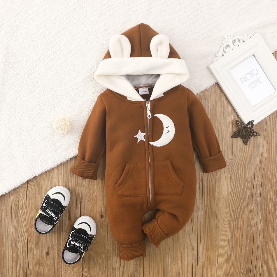 100% Cotton Cloud or Moon Applique Hooded 3D Ear Decor Long-sleeve Brown Baby Jumpsuit Brown