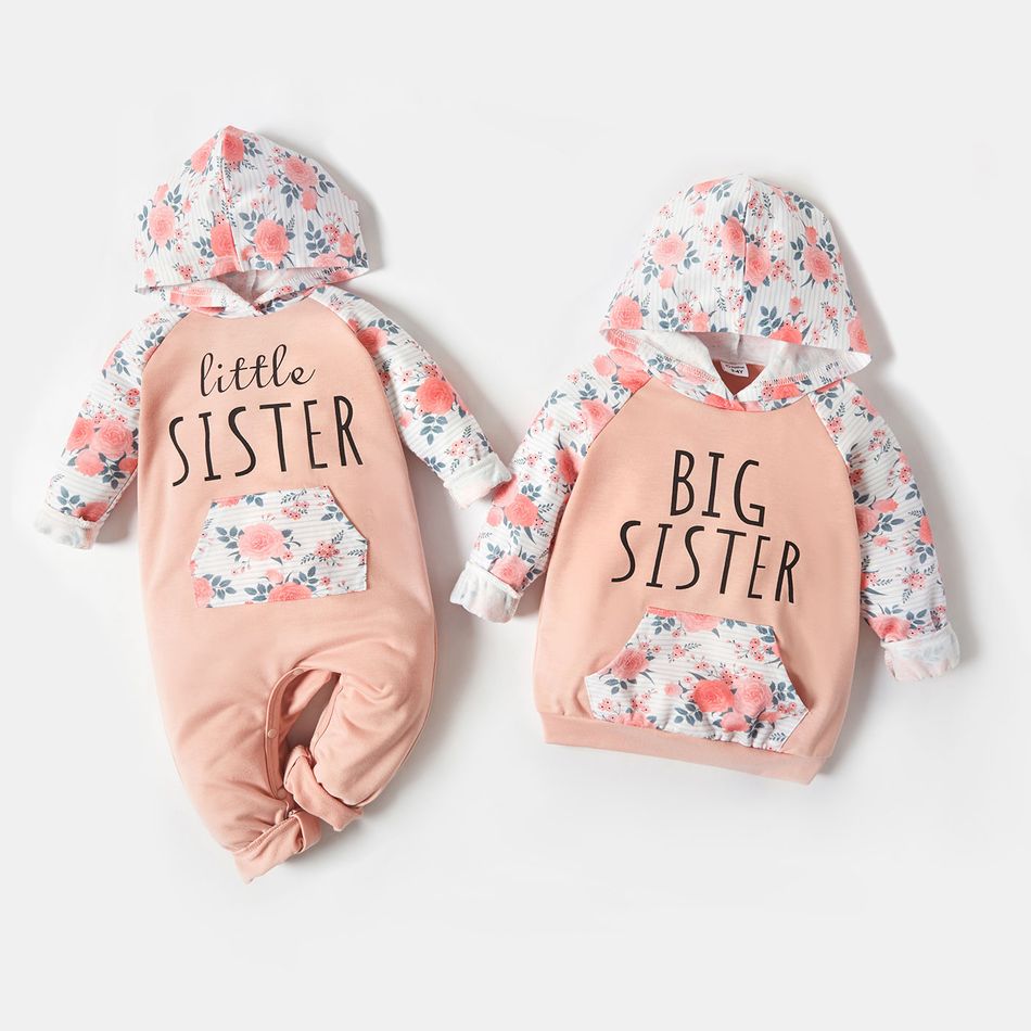 Letter and Floral Print Splice Hooded Long-sleeve Sibling Matching Pink Sets Pink